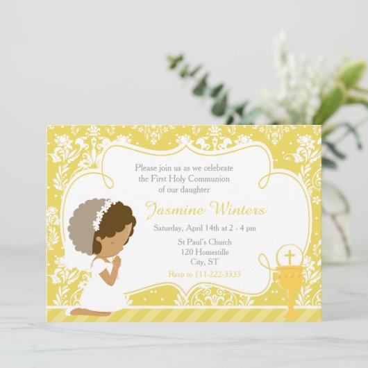 American Girl First Commune Gold Damask Einladung (Stehend Vorderseite)