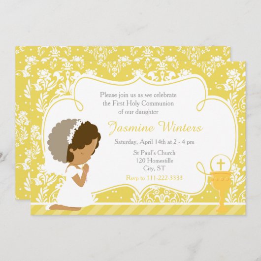 American Girl First Commune Gold Damask Einladung (Vorne/Hinten)