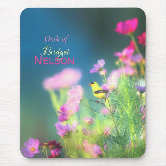 American Goldfinch Bird Pink Cosmos Blume Mousepad (Vorne)