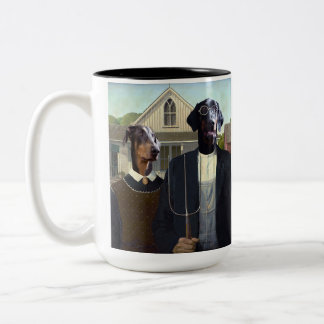 American Gothic lustige Doberman Hund-Tasse Zweifarbige Tasse