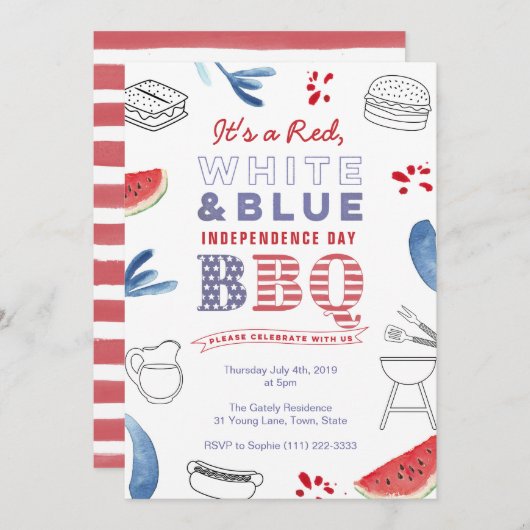 American Holidays GRILLEN Partys Red White Blue Einladung (Vorne/Hinten)