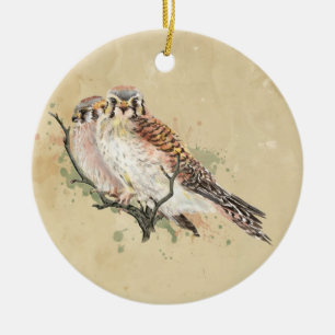 American Kestrel Watercolor, Falcon Bird Couple Keramik Ornament
