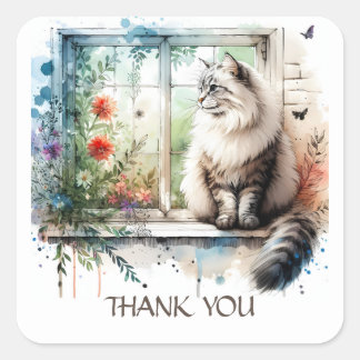 American Longhair Cat in Window Summer Blume Quadratischer Aufkleber