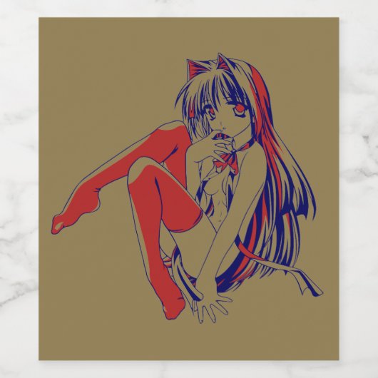 American Manga Neko Catgirl Kawaii Anime Weinetikett (Einzelnes Label)