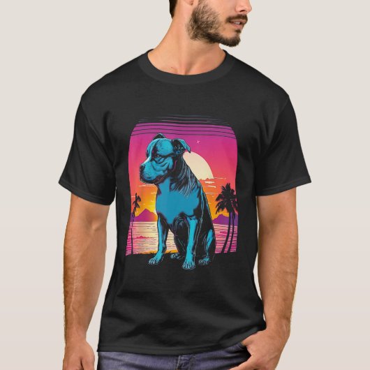 American Pit Bull Terrier Retro 80s Style Sunset T-Shirt (Vorderseite)