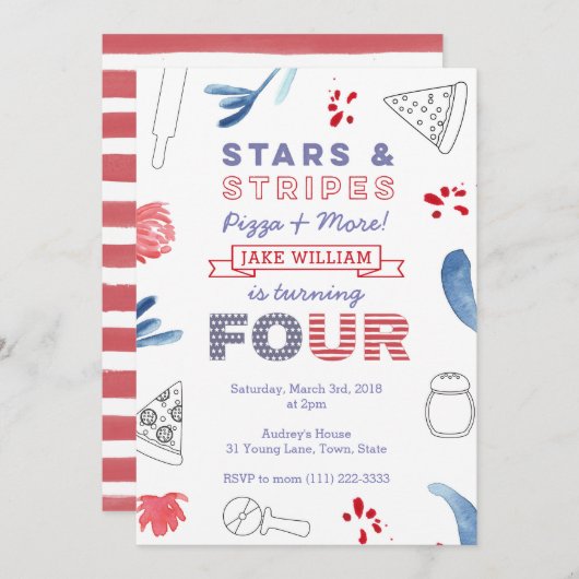 American Pizza Party für Jungen oder Mädchen 4. Ge Einladung (Vorne/Hinten)