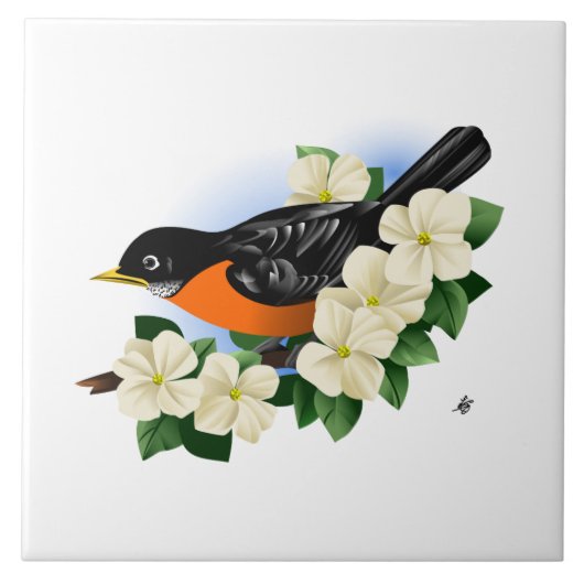 American Robin Bird und Dogwood Art Tile Fliese (Vorderseite)