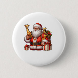 American Santa Claus Holding Giraffe Präsent Xmas Button
