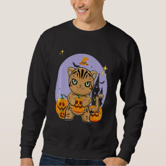 American Shorthair Cat With Pumpkin Halloween Sweatshirt