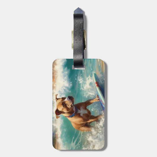 American Staffordshire Beach Surfing Malerei Gepäckanhänger (Rückseite vertikal)