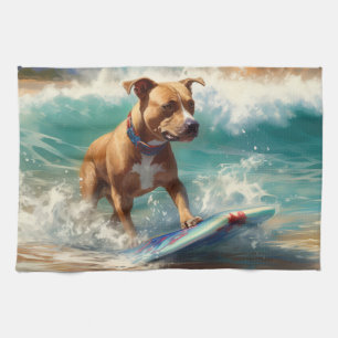 American Staffordshire Beach Surfing Malerei Geschirrtuch