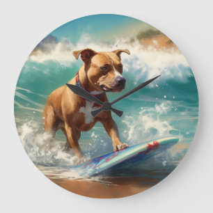 American Staffordshire Beach Surfing Malerei Große Wanduhr