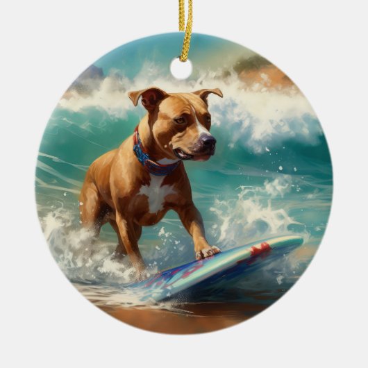 American Staffordshire Beach Surfing Malerei Keramik Ornament (Vorne)