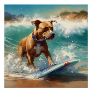 American Staffordshire Beach Surfing Malerei Poster
