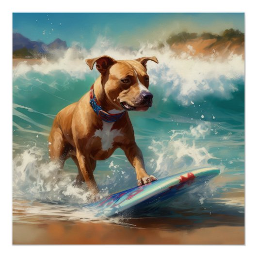 American Staffordshire Beach Surfing Malerei Poster (Vorderseite)