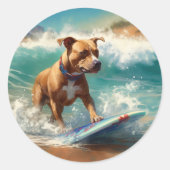 American Staffordshire Beach Surfing Malerei Runder Aufkleber (Vorderseite)