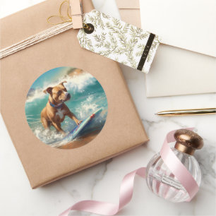 American Staffordshire Beach Surfing Malerei Runder Aufkleber