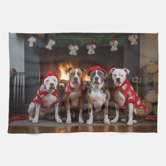American Staffordshire by Fireplace Christmas Geschirrtuch (Horizontal)