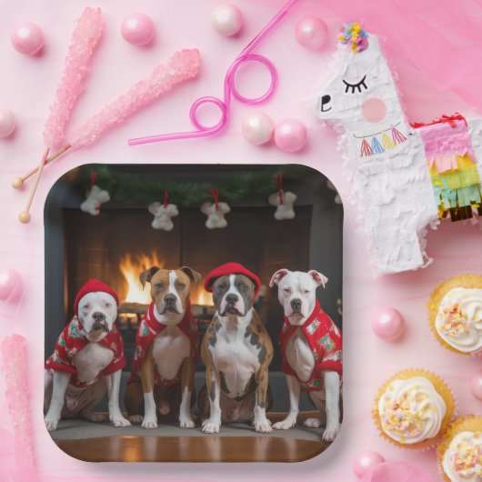 American Staffordshire by Fireplace Christmas Pappteller (Party)