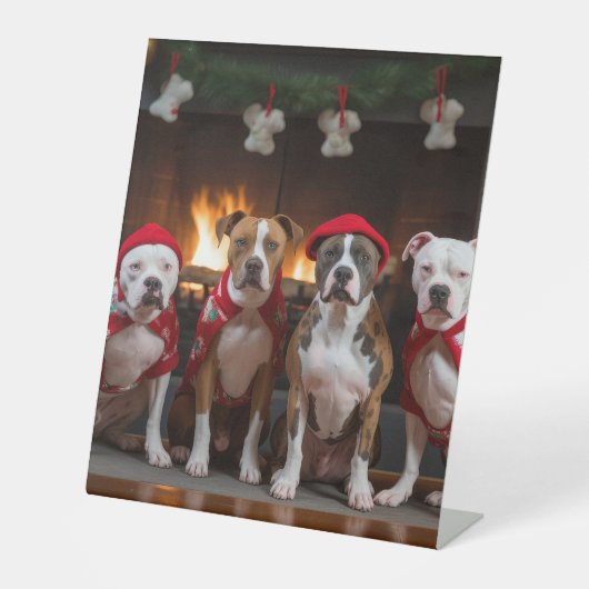 American Staffordshire by Fireplace Christmas Sockelschild (Vorderseite)