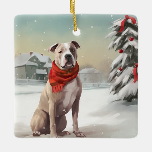 American Staffordshire Dog in Snow Christmas Keramikornament (Vorderseite)