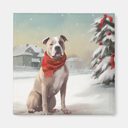 American Staffordshire Dog in Snow Christmas Magnet (Vorne)