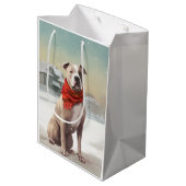American Staffordshire Dog in Snow Christmas Mittlere Geschenktüte (Rückseite Schrägansicht)