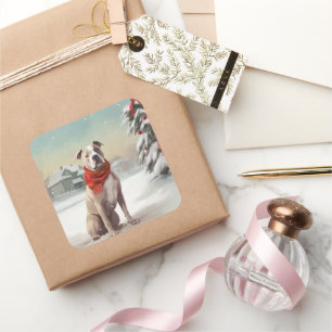 American Staffordshire Dog in Snow Christmas Quadratischer Aufkleber