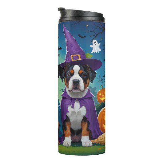 American Staffordshire Dog Pumpkin Halloween Funny Thermosbecher (Nach rechts gedreht)