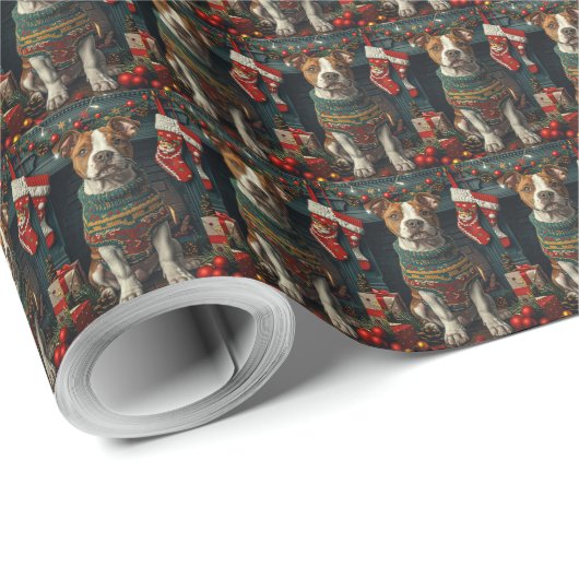 American Staffordshire Hund mit Weihnachtsgeschenk Geschenkpapier (Rolleneckpunkt)