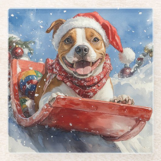 American Staffordshire in Sledge Christmas Glasuntersetzer (Vorderseite)