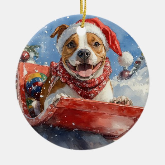 American Staffordshire in Sledge Christmas Keramik Ornament (Vorne)