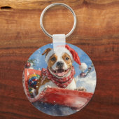 American Staffordshire in Sledge Christmas Schlüsselanhänger (Vorderseite)