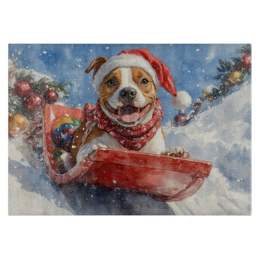 American Staffordshire in Sledge Christmas Schneidebrett (Vorderseite)
