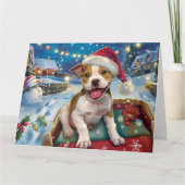 American Staffordshire in Sleigh Snow Weihnachten Karte (Vorderseite)