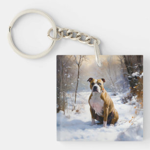 American Staffordshire Lass es schneien Weihnachte Schlüsselanhänger