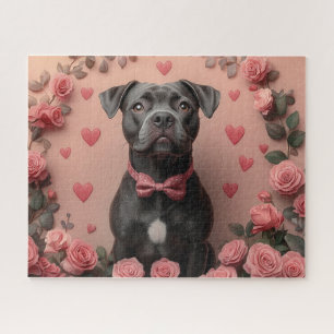 American Staffordshire mit Rosen -Valentinstag Puzzle