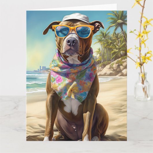 American Staffordshire on Beach, Sommergeschenk Karte (Gelbe Blume)