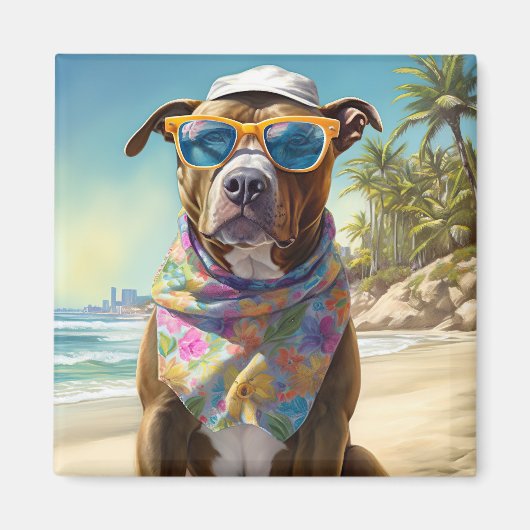 American Staffordshire on Beach, Sommergeschenk Magnet (Vorne)