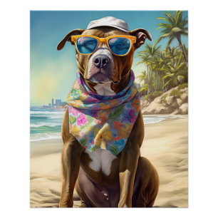American Staffordshire on Beach, Sommergeschenk Poster