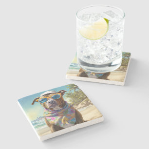American Staffordshire on Beach, Sommergeschenk Steinuntersetzer