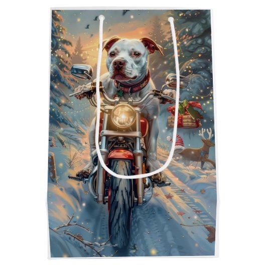 American Staffordshire Riding Motorrad Weihnachten Mittlere Geschenktüte (Rückseite)