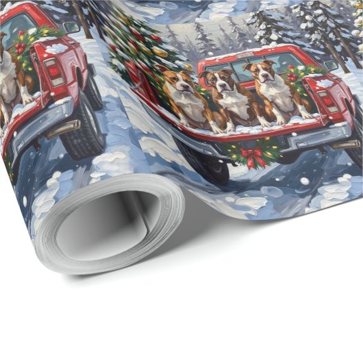 American Staffordshire Terrier Christmas Red Truck Geschenkpapier (Rolleneckpunkt)