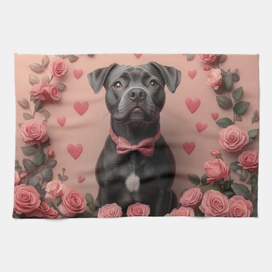 American Staffordshire with Rose - Valentinstag Geschirrtuch (Horizontal)