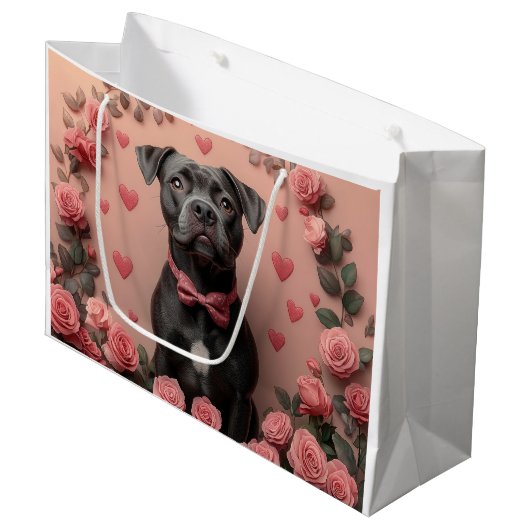 American Staffordshire with Rose - Valentinstag Große Geschenktüte (Vorderseite Schrägansicht)