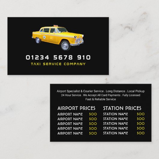 American Style Taxi Cab, Preisliste Visitenkarte (Vorne/Hinten)