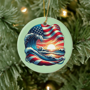 American USA Flag Beach Wave Sunset Patriotic Art Keramik Ornament