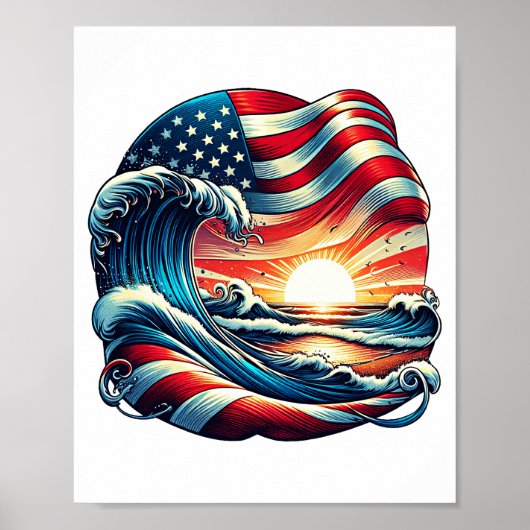 American USA Flag Beach Wave Sunset Patriotic Art Poster (Vorne)
