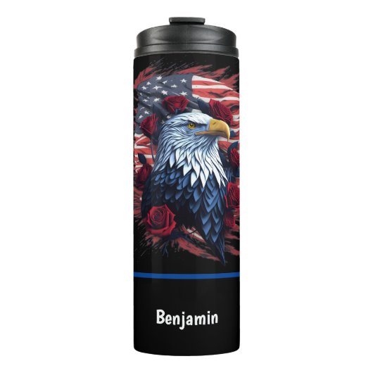 American USA Flag Eagle Rose Red White Blue Thermosbecher (Vorderseite)
