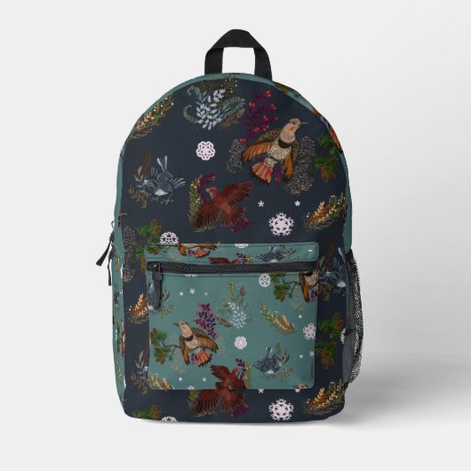 American Winter Birds Woodland Pattern Bedruckter Rucksack (Vorderseite)